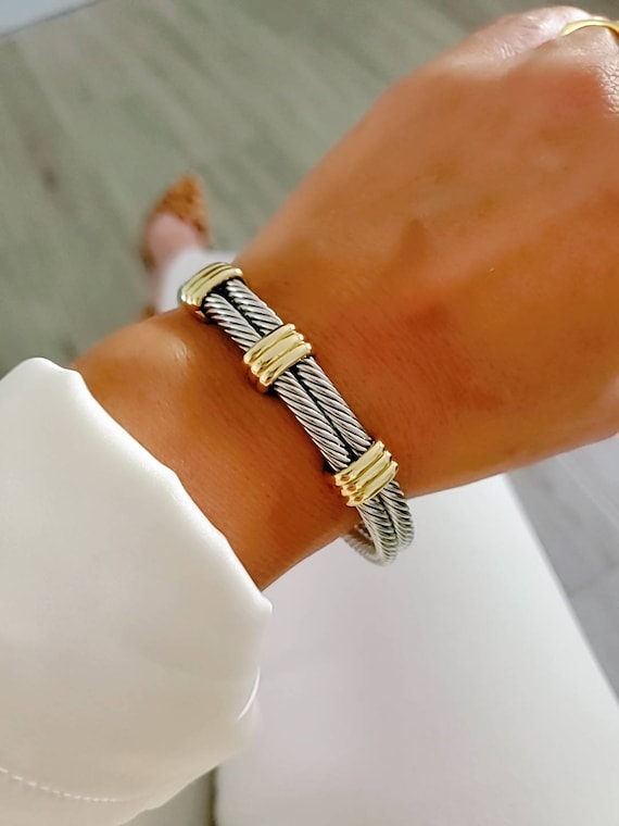 Statement Double Bangle Bracelet with Gold Accents-0