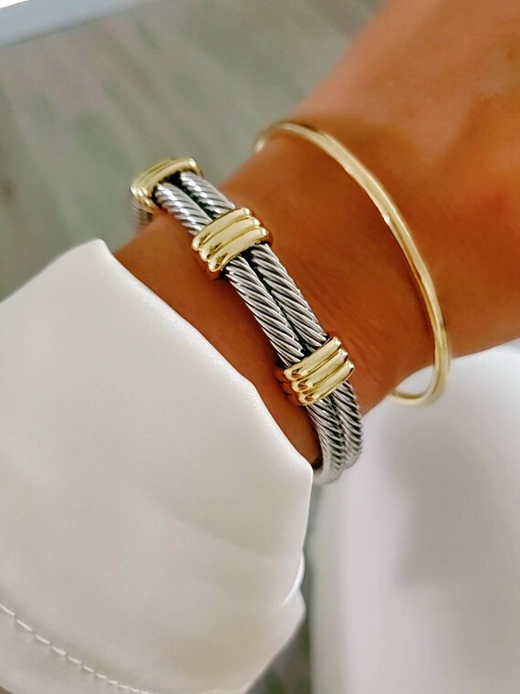 Statement Double Bangle Bracelet with Gold Accents-4
