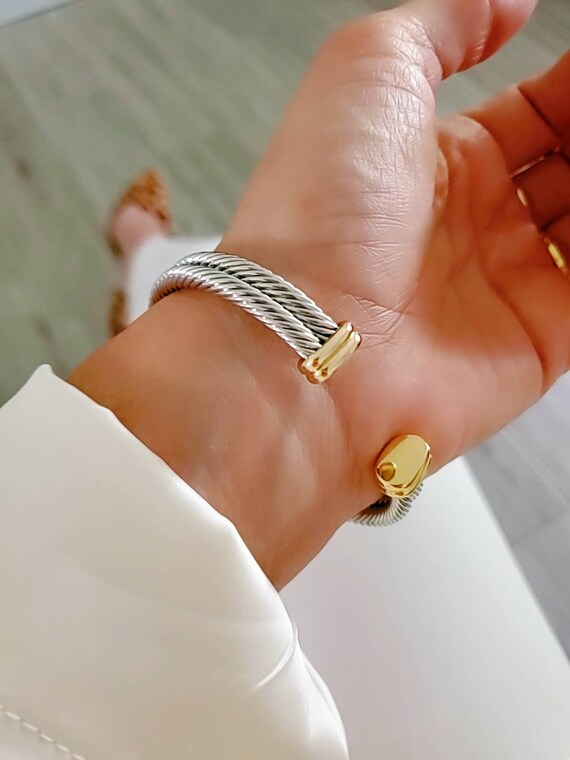 Statement Double Bangle Bracelet with Gold Accents-3