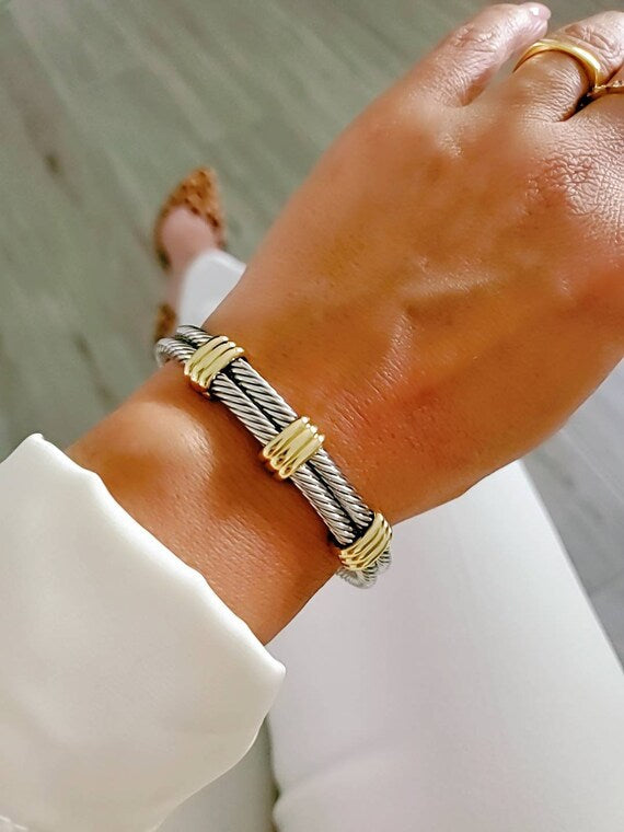 Statement Double Bangle Bracelet with Gold Accents-2