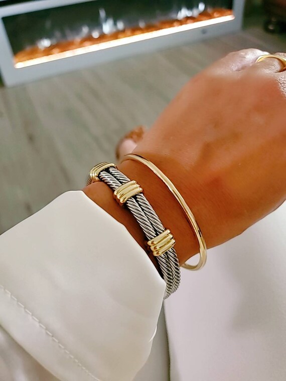 Statement Double Bangle Bracelet with Gold Accents-1