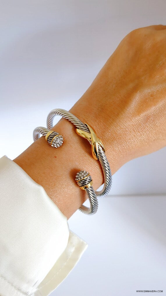 Cuff Bracelet, Open Cuff Bracelet, 18K Gold filled cable bracelet, Silver bangle, Stack bracelet, Statement Bracelet-5