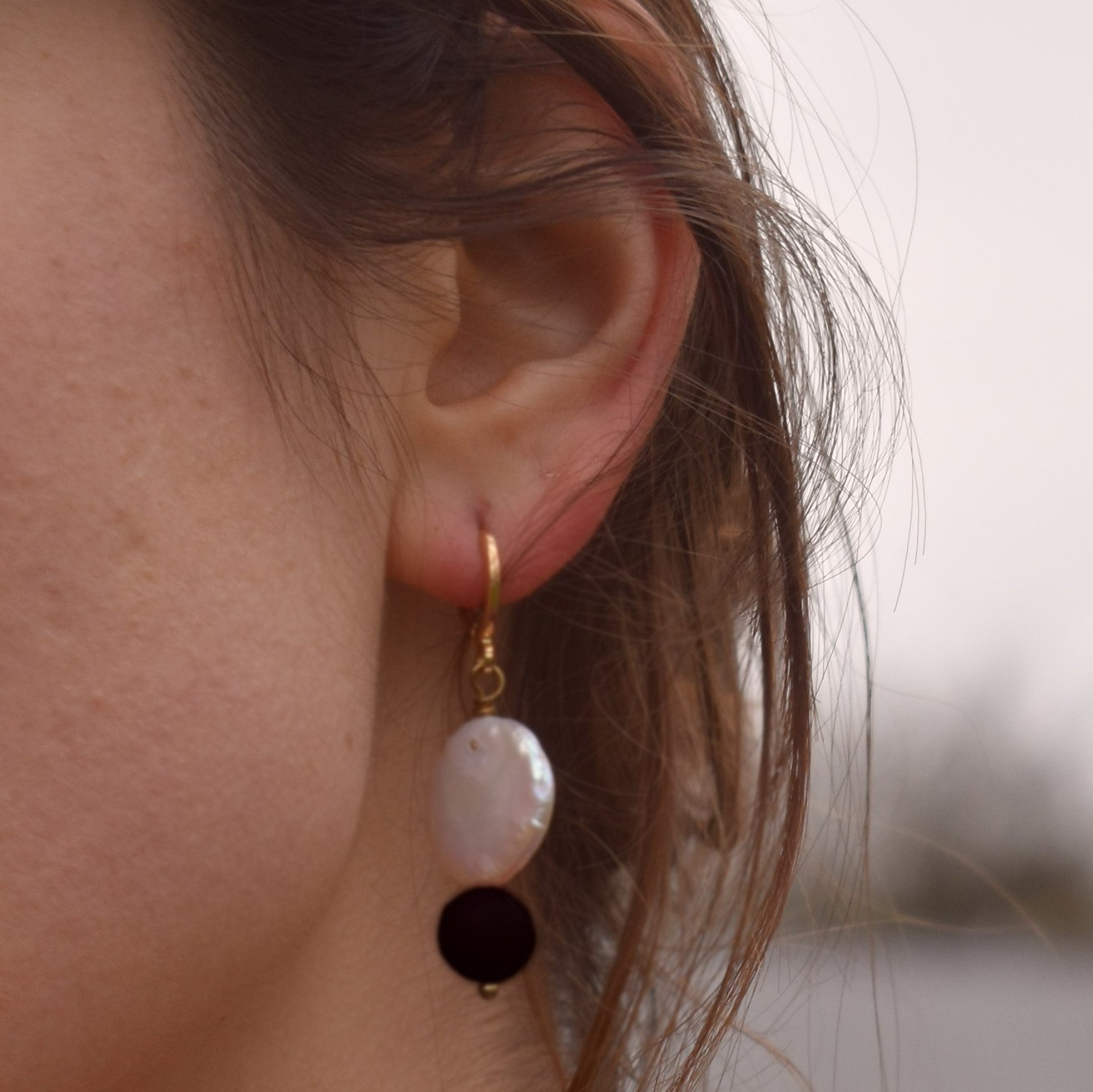 Coin Pearl Earrings with onyx