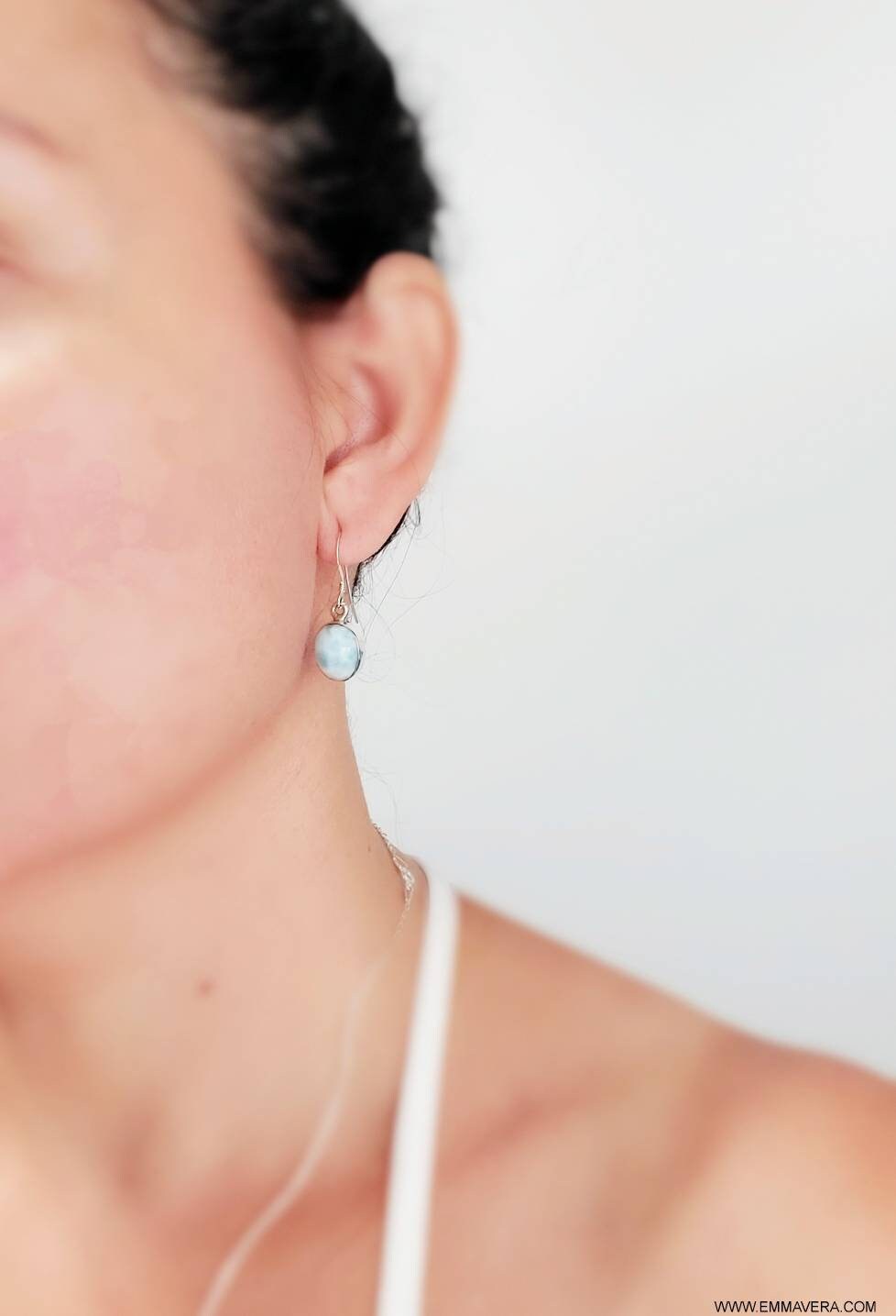 Larimar Earrings, Pectolite Larimar Tear Dangle Drop Solid Sterling Silver Earrings, 925 Stamped-1