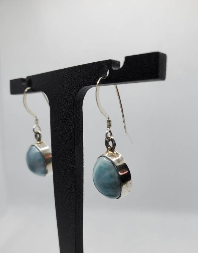 Larimar Earrings, Pectolite Larimar Tear Dangle Drop Solid Sterling Silver Earrings, 925 Stamped-2