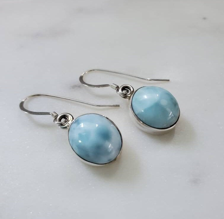 Larimar Earrings, Pectolite Larimar Tear Dangle Drop Solid Sterling Silver Earrings, 925 Stamped-0