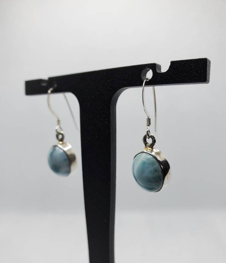 Larimar Earrings, Pectolite Larimar Tear Dangle Drop Solid Sterling Silver Earrings, 925 Stamped-4