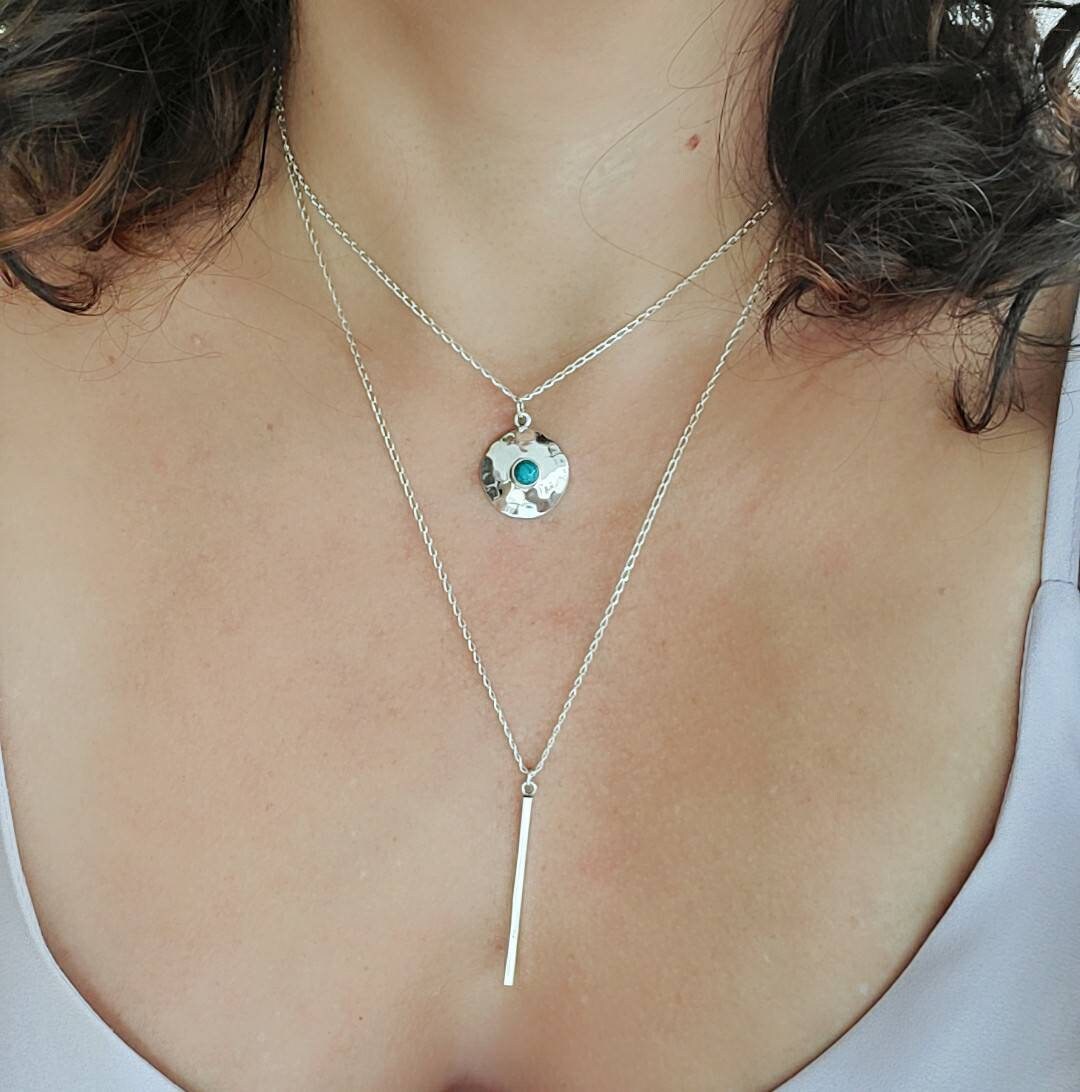 Hammered Turquoise Necklace, Sterling Silver Pendant with Chain, Turquoise Pendant, Natural Stones, Women Necklace, Gift for her-1