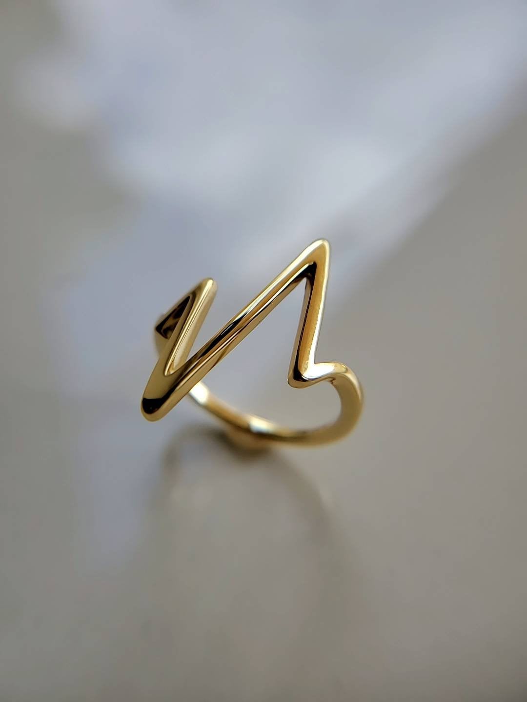 Gold Heartbeat Ring, 14K Gold Plated over Sterling Silver, Simple Women Ring, 925 Stamped, Heart Beat Statement Ring-0
