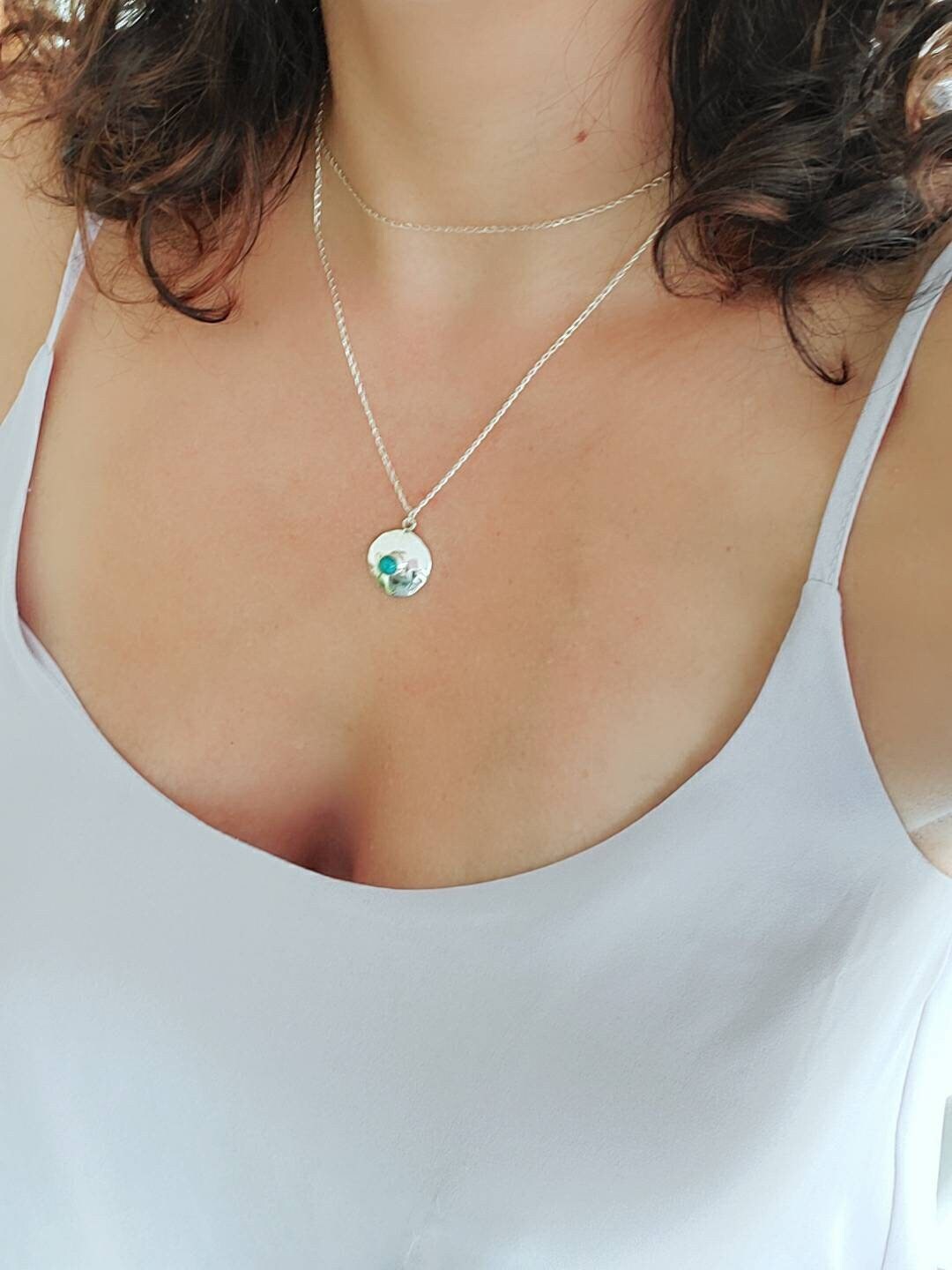 Hammered Turquoise Necklace, Sterling Silver Pendant with Chain, Turquoise Pendant, Natural Stones, Women Necklace, Gift for her-0