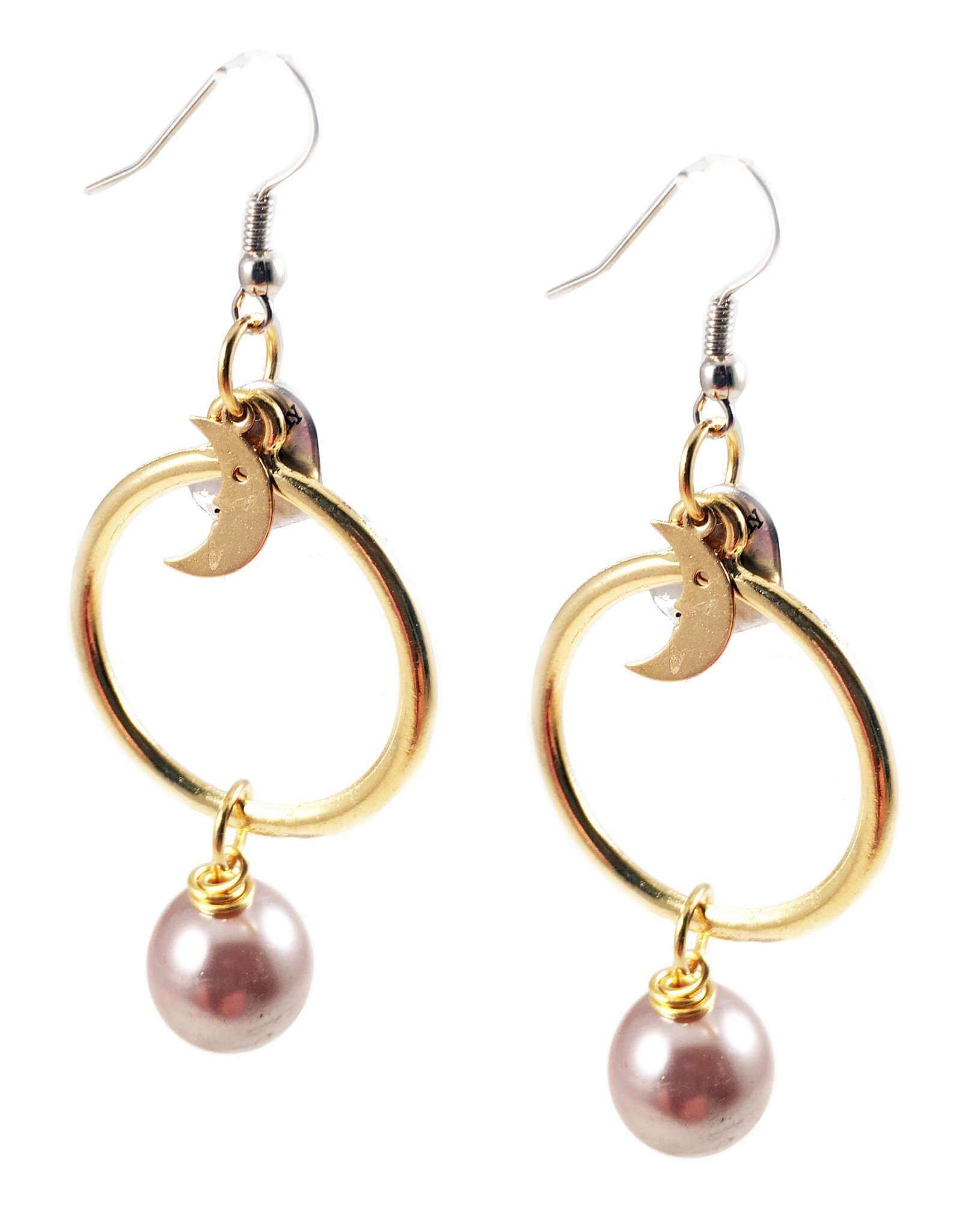 18kt Gold Plated and Silver Plated Hoop Earrings with Pearls and Moon Charms. Moon and Pearls Drop Earrings.