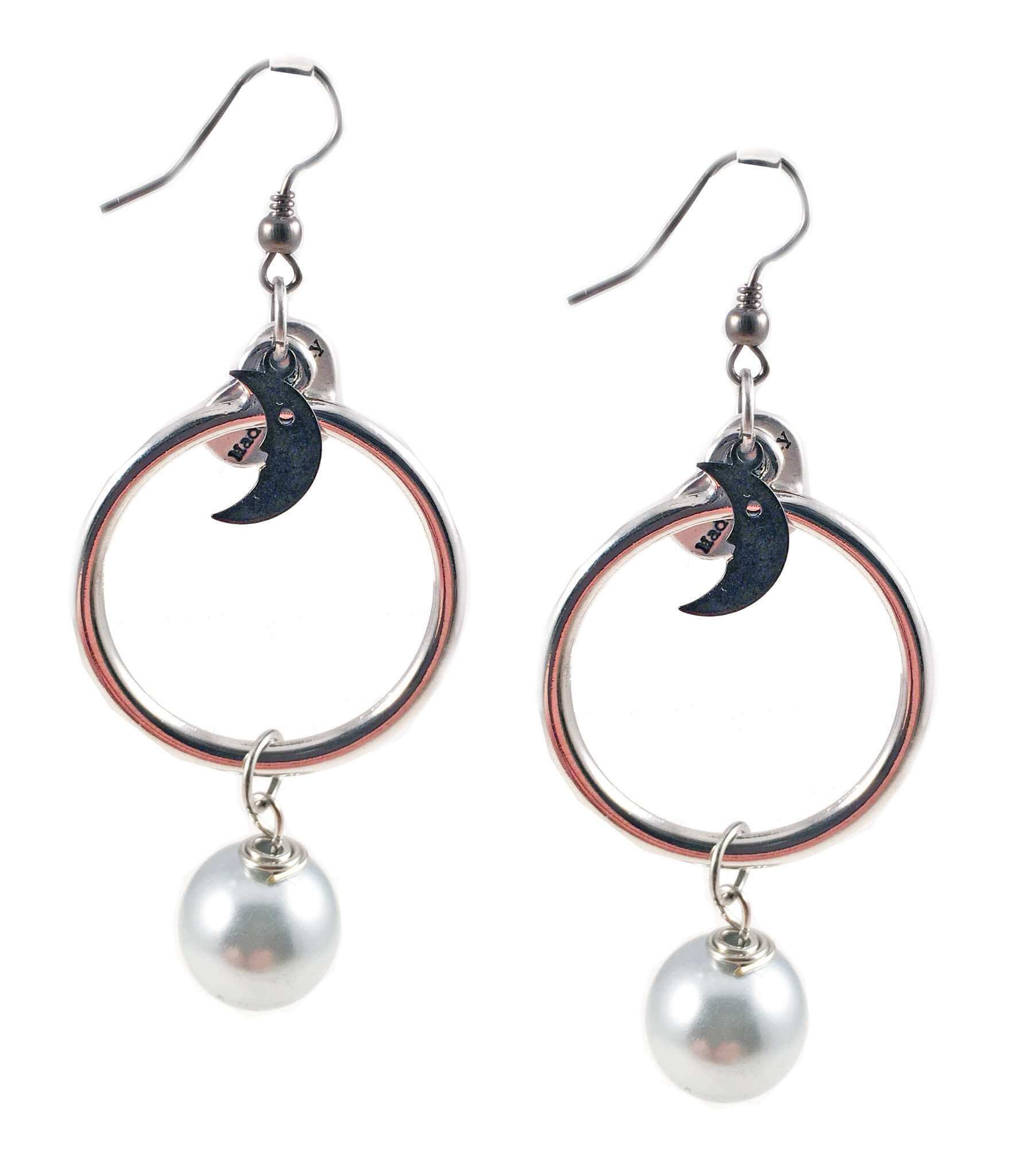 18kt Gold Plated and Silver Plated Hoop Earrings with Pearls and Moon Charms. Moon and Pearls Drop Earrings.