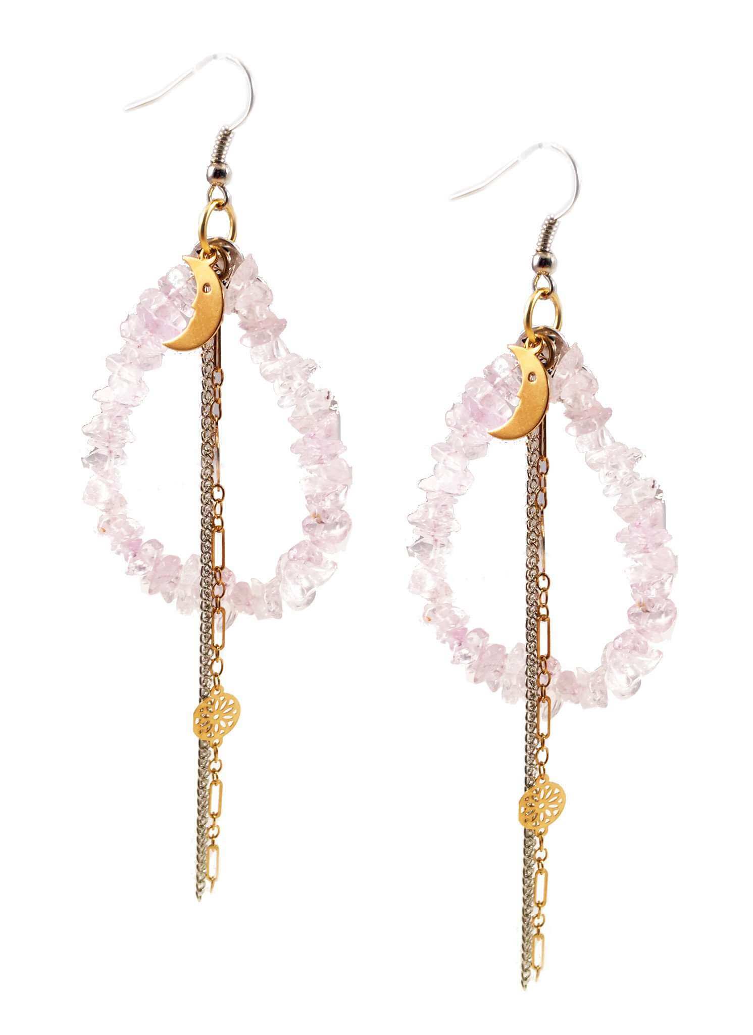 Rose quarz drop earrings with moon charm. Perfect for parties, summer time and gift for her.