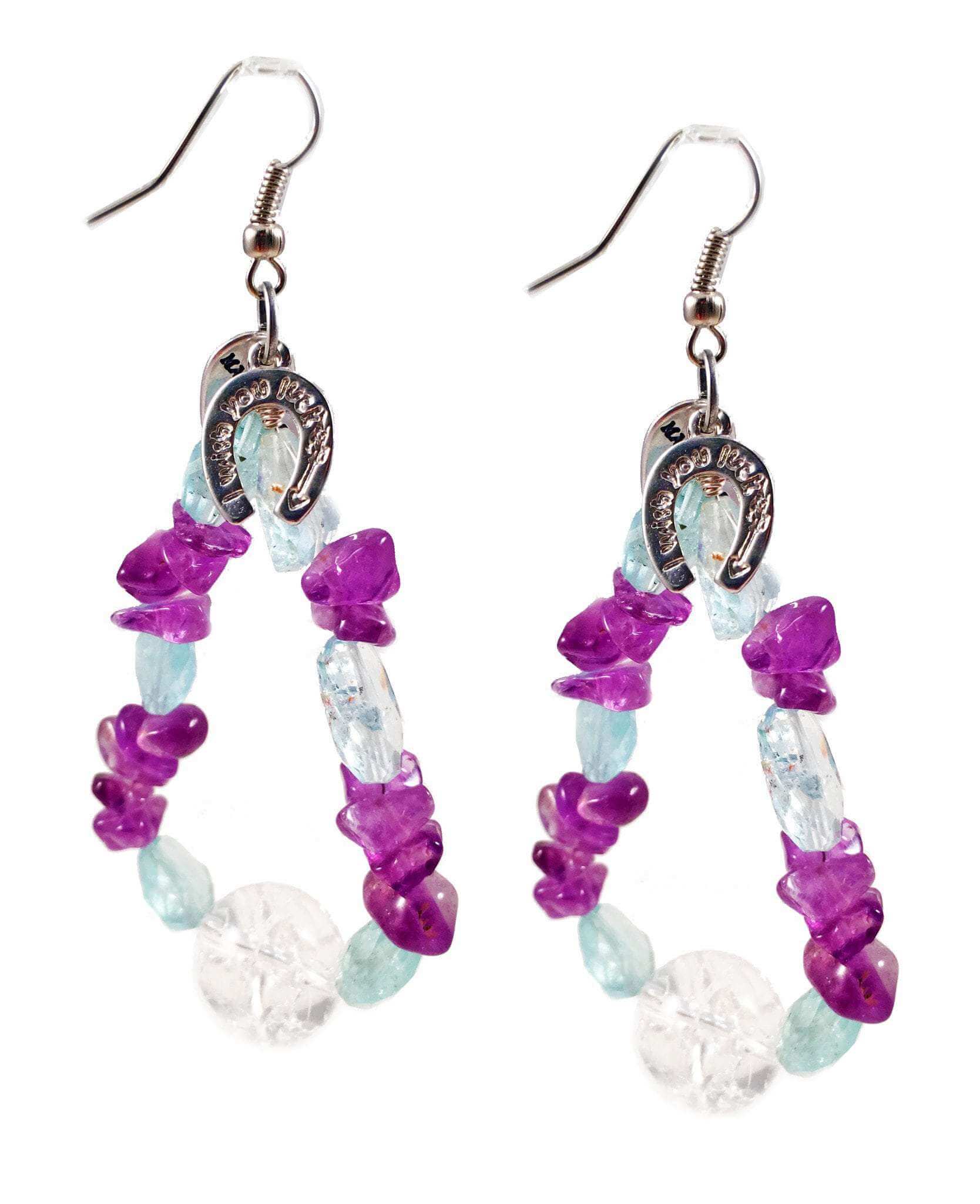 Aquamarine and amethyst stones drop earrings with silver horseshoe charm. Perfect for parties, summer time and gift for her.