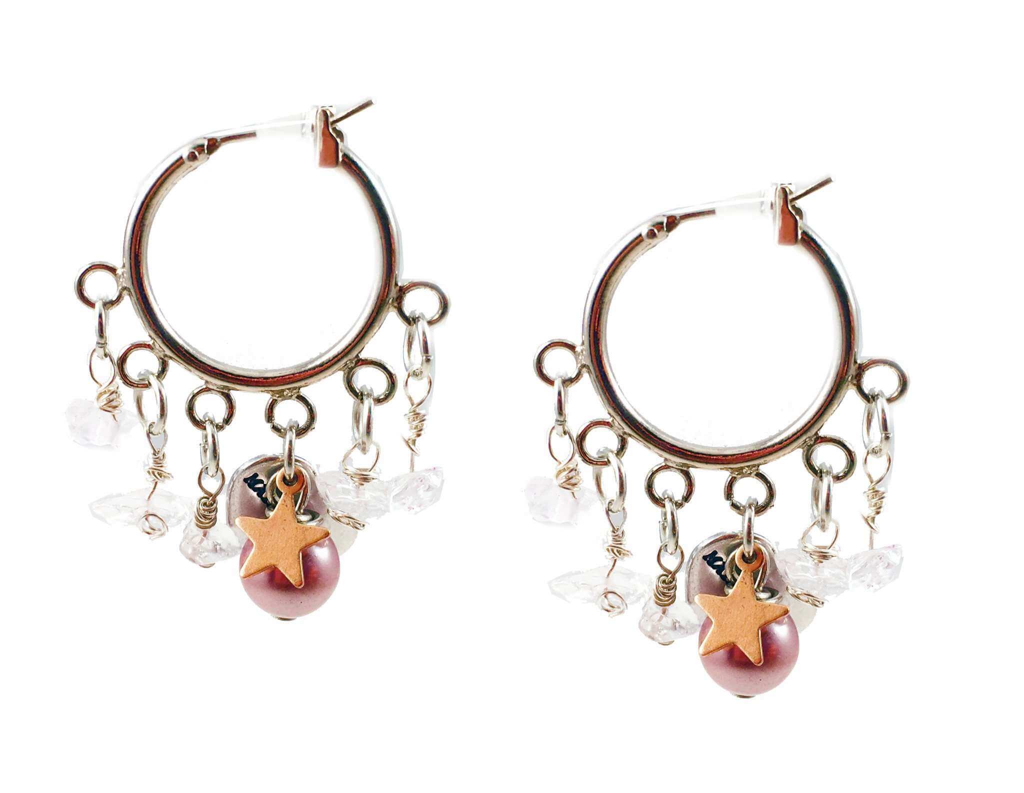 Rose quartz and pearls hoop earrings with star charm. Perfect for parties, spring, summer time and gift for her.