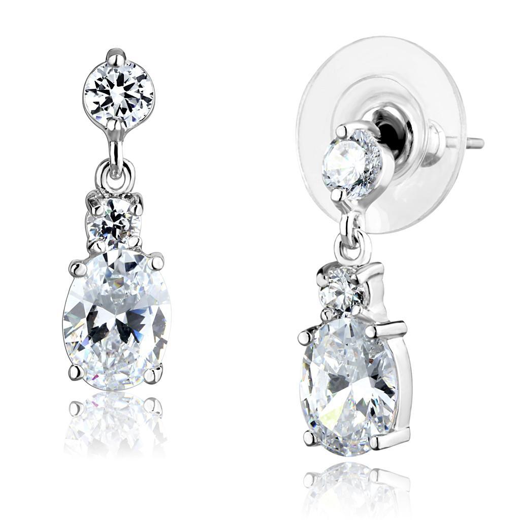 3W1290 - Rhodium Brass Earrings with AAA Grade CZ  in Clear