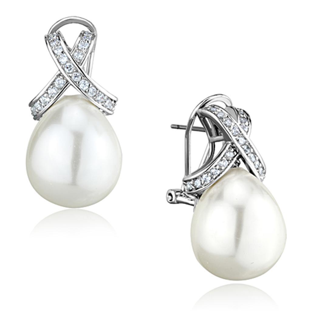 3W677 - Rhodium Brass Earrings with Synthetic Pearl in White