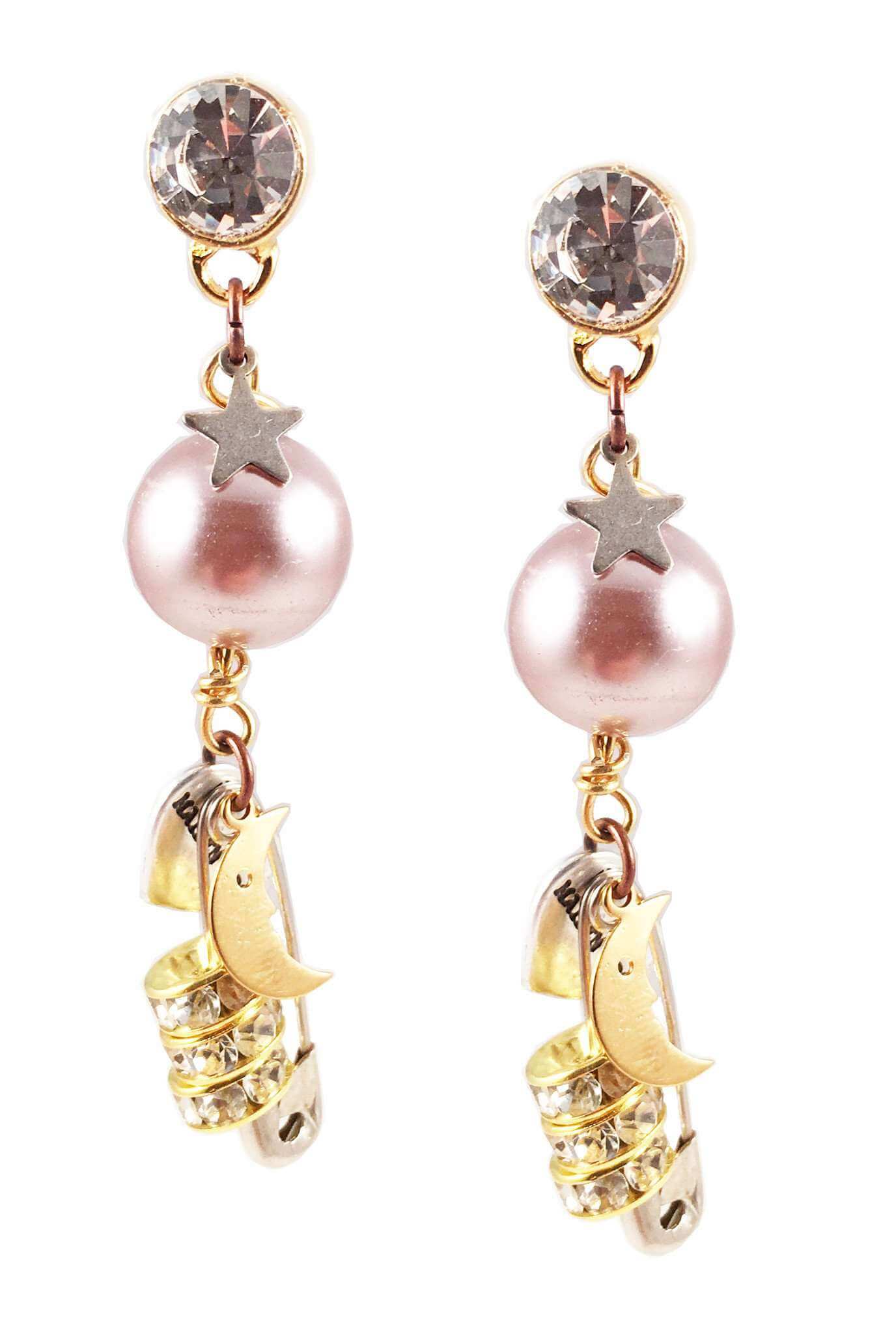 18kt Gold Plated and Crystals dangle and drop earrings with pearls and safety pins. Sparkly Bride Safety Pin Dangle Earrings.