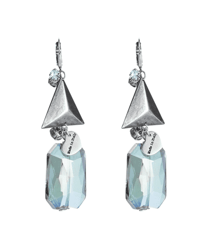 Dangle and drop earrings with triangle studs and rhinestones.