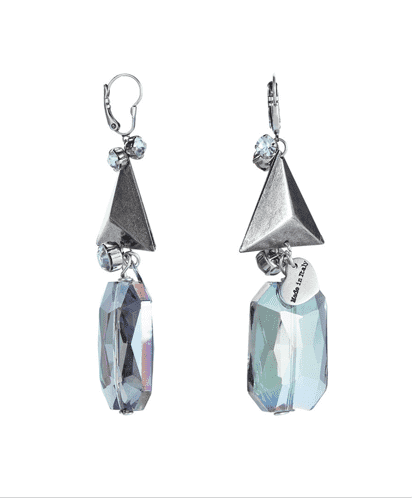 Dangle and drop earrings with triangle studs and rhinestones.