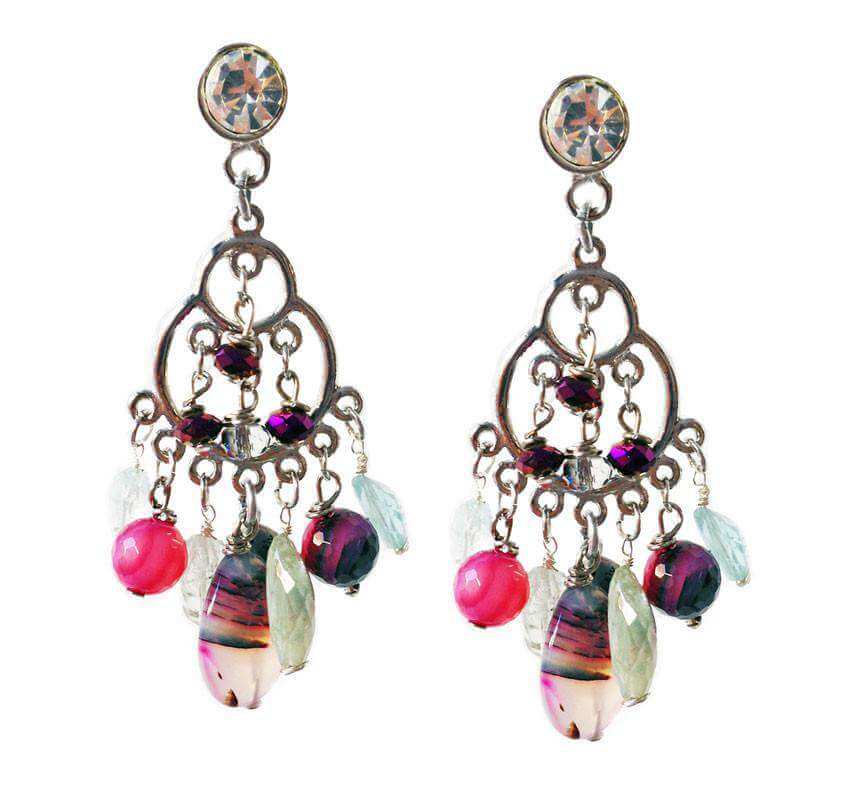 Chandelier Earrings with aquamarine stones and pink agate stones. Long Earrings. Earrings for women.