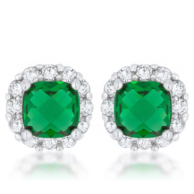 Liz 2ct Emerald CZ Rhodium Classic Cushion Stud Earrings