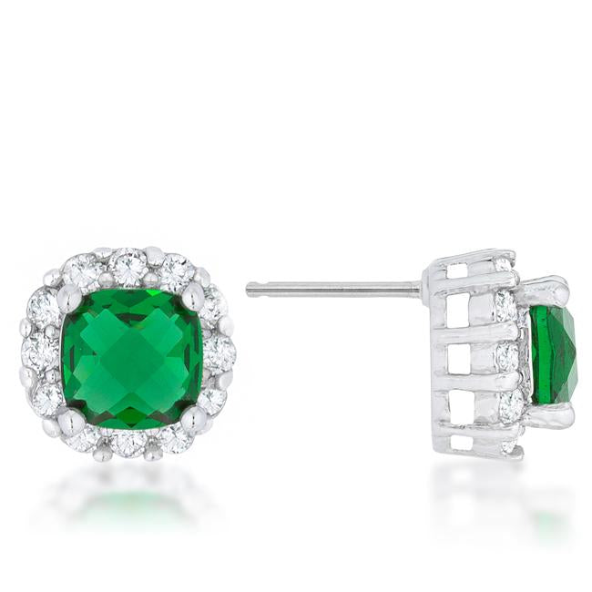 Liz 2ct Emerald CZ Rhodium Classic Cushion Stud Earrings