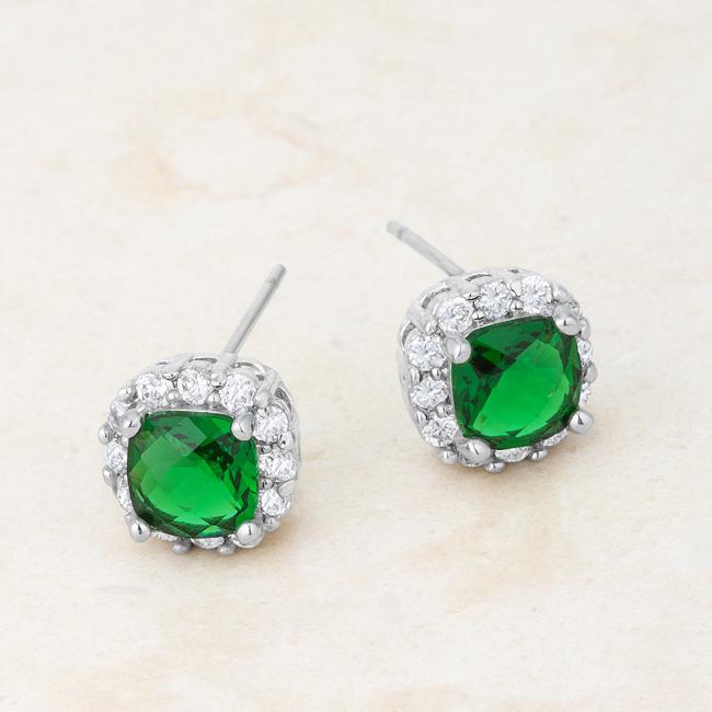 Liz 2ct Emerald CZ Rhodium Classic Cushion Stud Earrings