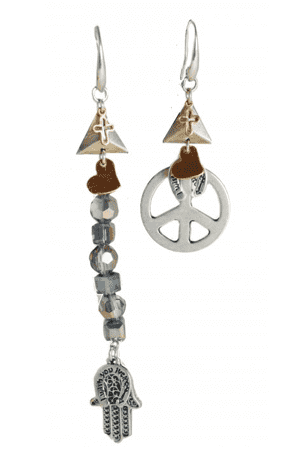 Boho chic drop earrings made with crystals, silver peace pendant, cross and horseshoe charms and hamsa pendant.