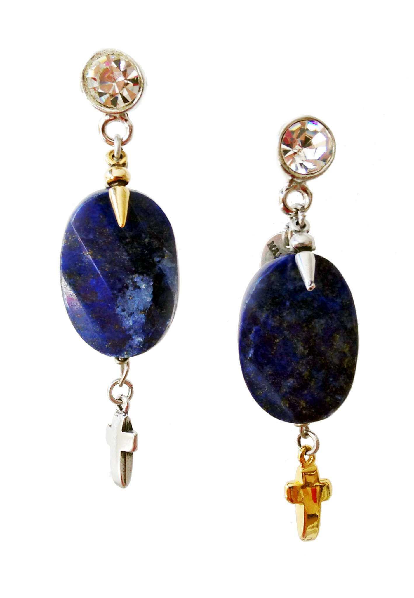 Dangle and drop earrings with blue lapis lazuli stones, rhinestones, brass and charms. Boho chic earrings, Boho chic jewelry.