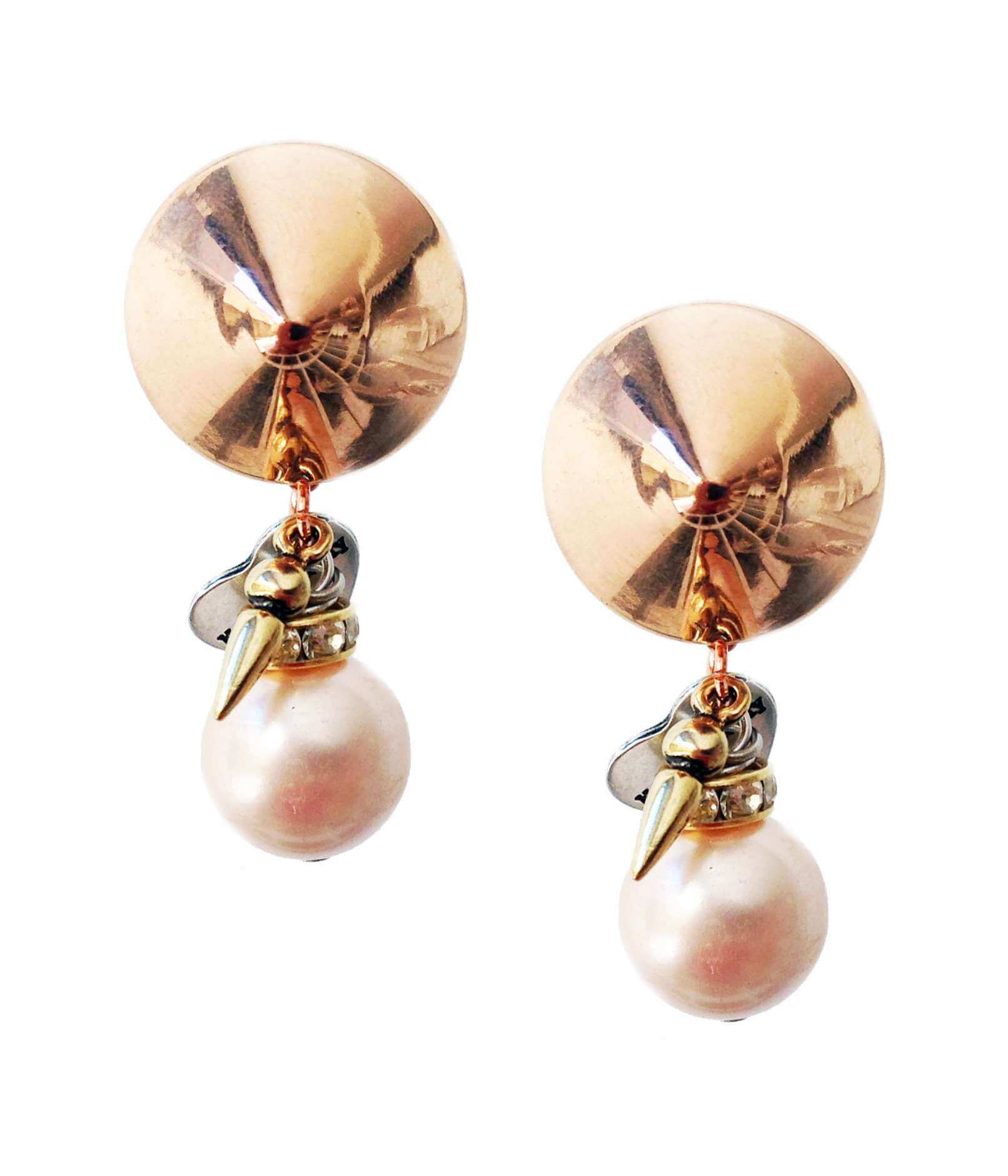 Clip on earrings with light rose pearls, rhinestones, brass and charms. Boho chic earrings, Boho chic jewelry