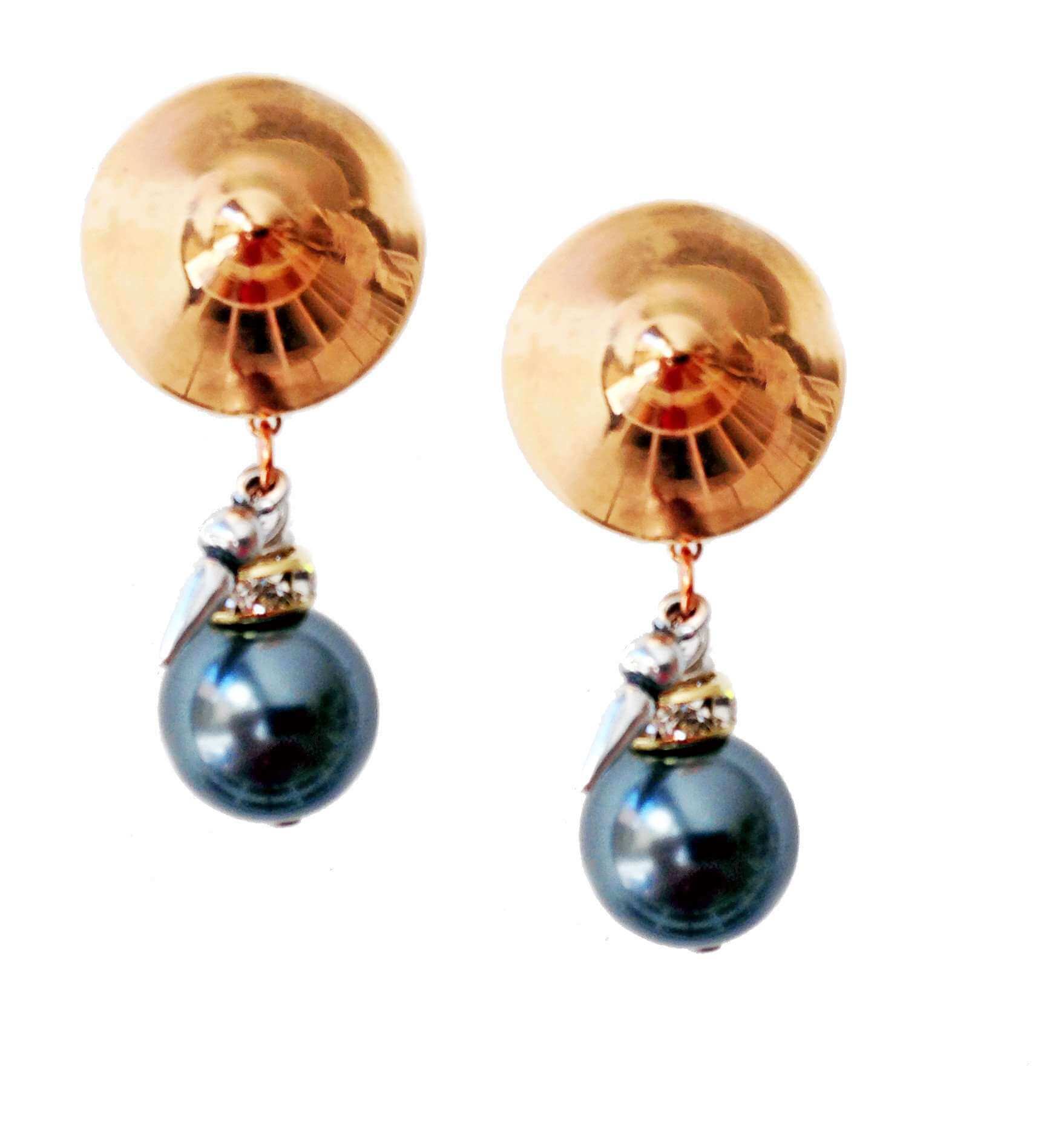 Clip on earrings with black pearls, rhinestones, brass and charms. Boho chic earrings, Boho chic jewelry