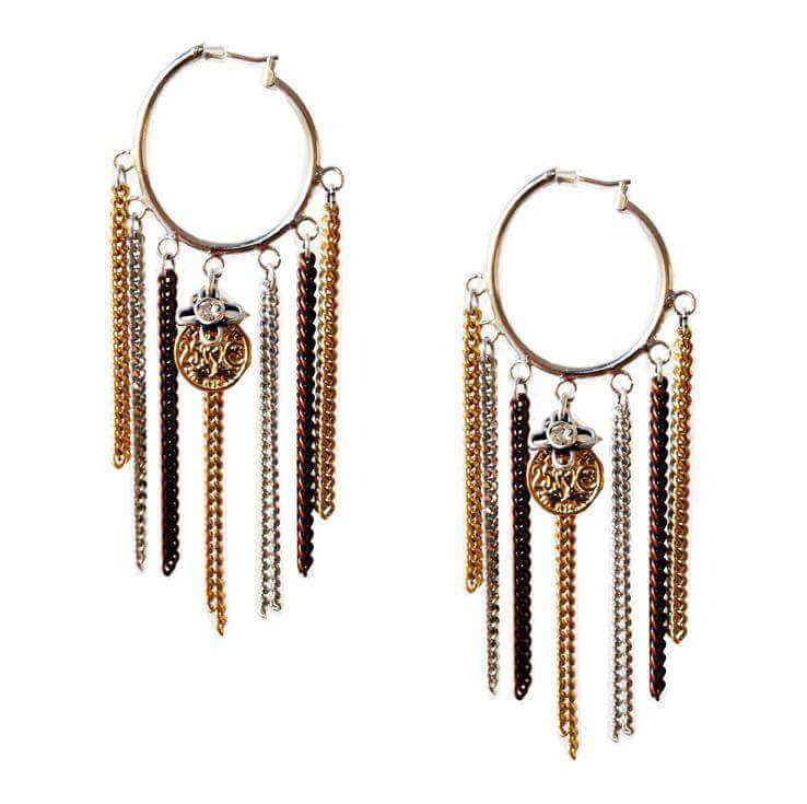 Hoop earrings with fringes, chains, charms and burnished gold. Contemporary jewellery, Boho earrings