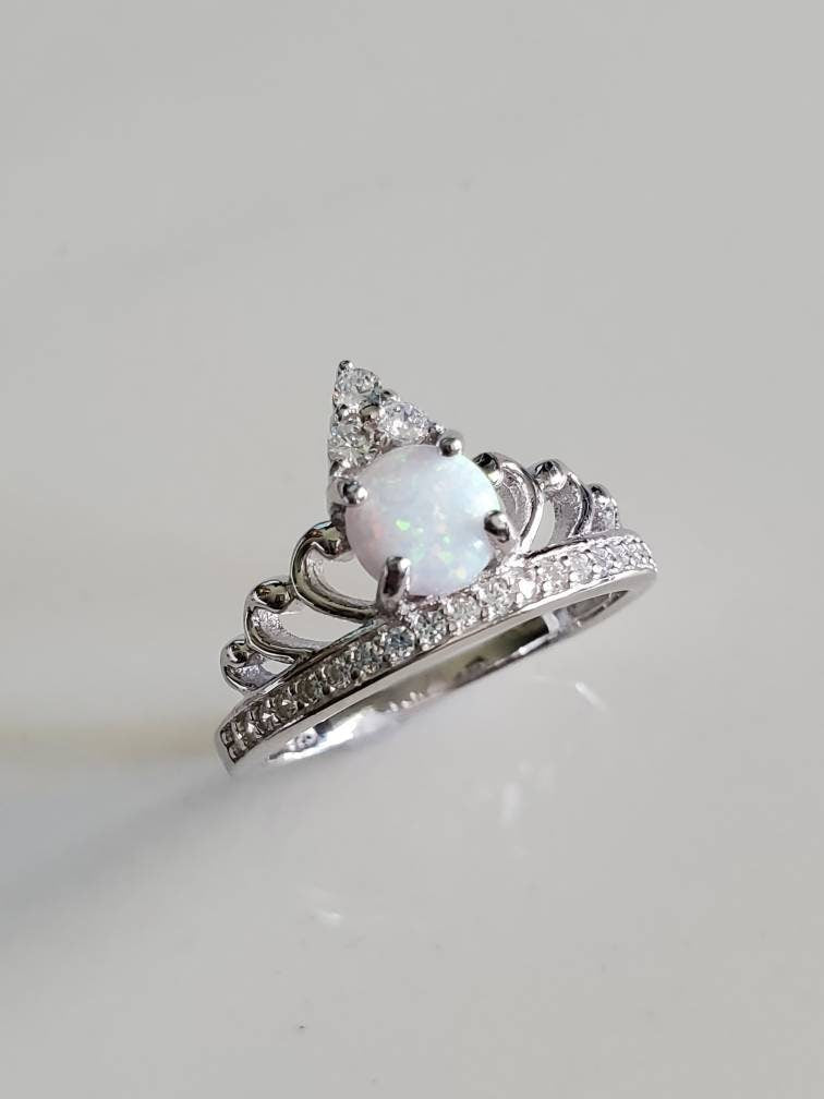 White Opal Crown Ring, Sterling Silver Women's Ring, Dainty Ring, Bohemian-3