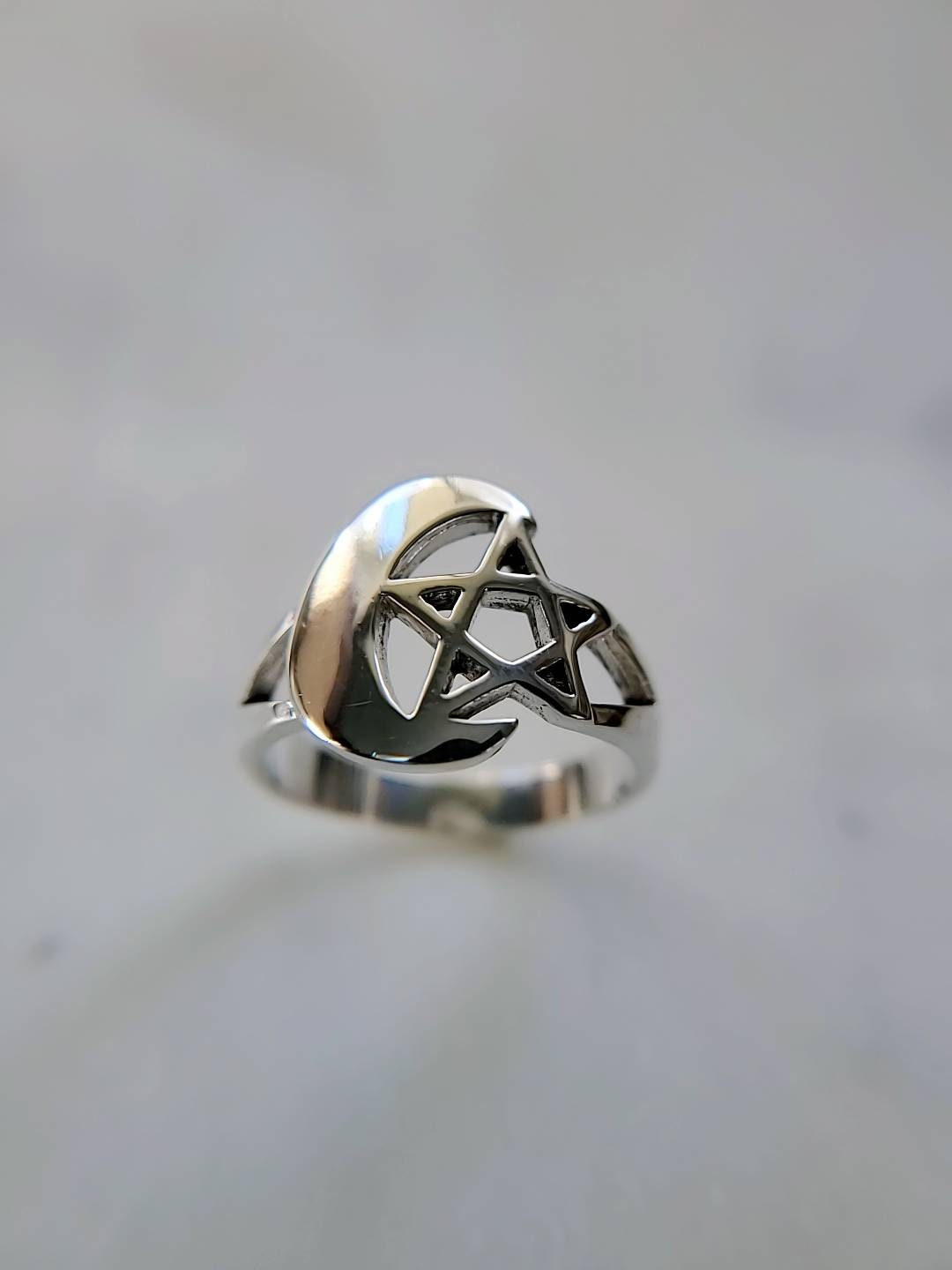 Pentagram Crescent Moon Ring, Solid Sterling Silver Ring, Gothic Celtic 5 Point Star, 925 Stamped, Size 5-12-2