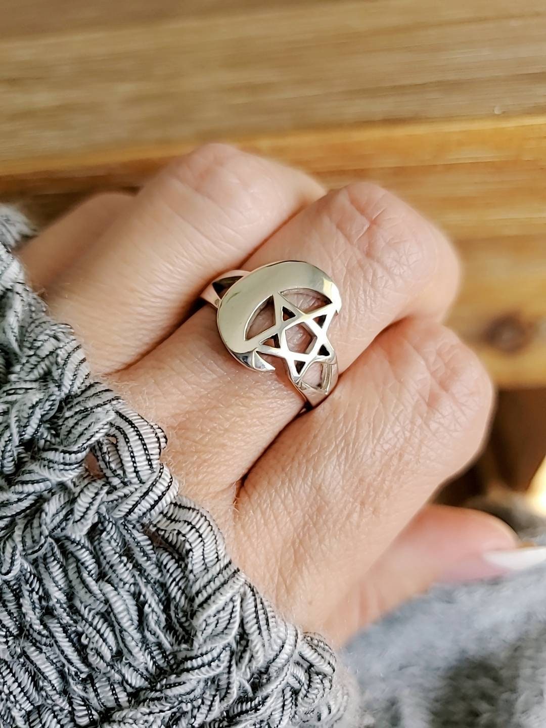 Pentagram Crescent Moon Ring, Solid Sterling Silver Ring, Gothic Celtic 5 Point Star, 925 Stamped, Size 5-12-0