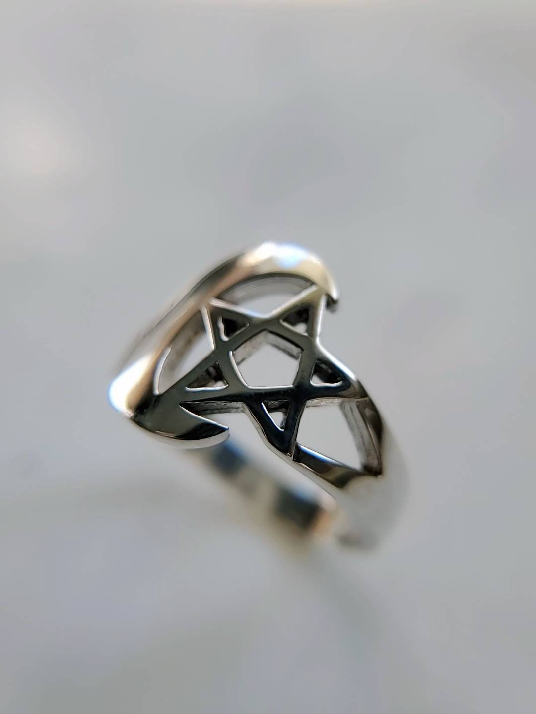 Pentagram Crescent Moon Ring, Solid Sterling Silver Ring, Gothic Celtic 5 Point Star, 925 Stamped, Size 5-12-1