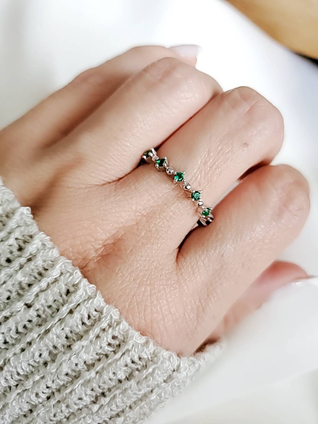 Emerald Ring, Sterling Silver Women Ring, Eternity Emerald Ring, May Birthstone, 925 Silver, Silver Band, non tarnish, Size 3 - 14-3