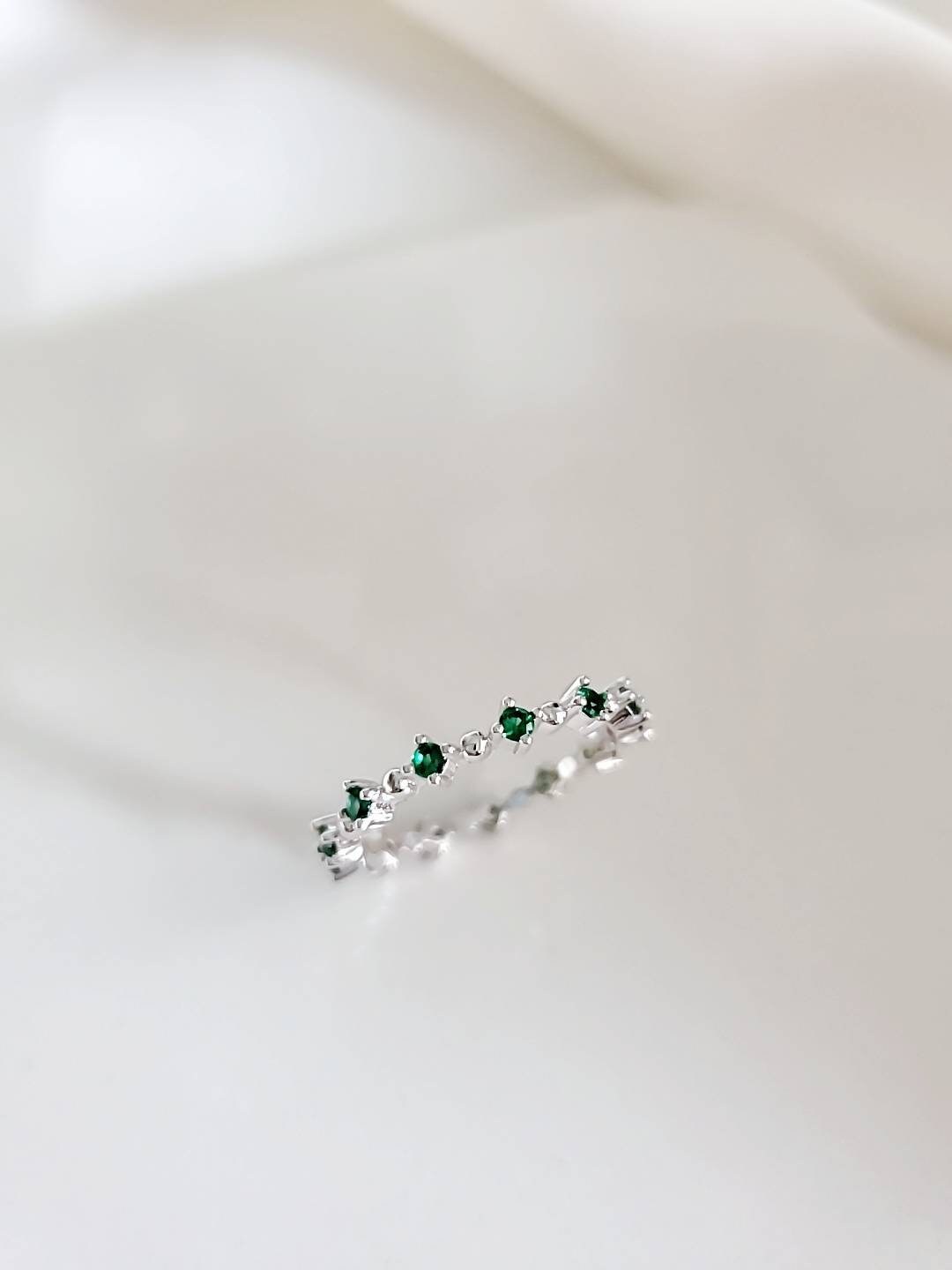 Emerald Ring, Sterling Silver Women Ring, Eternity Emerald Ring, May Birthstone, 925 Silver, Silver Band, non tarnish, Size 3 - 14-4