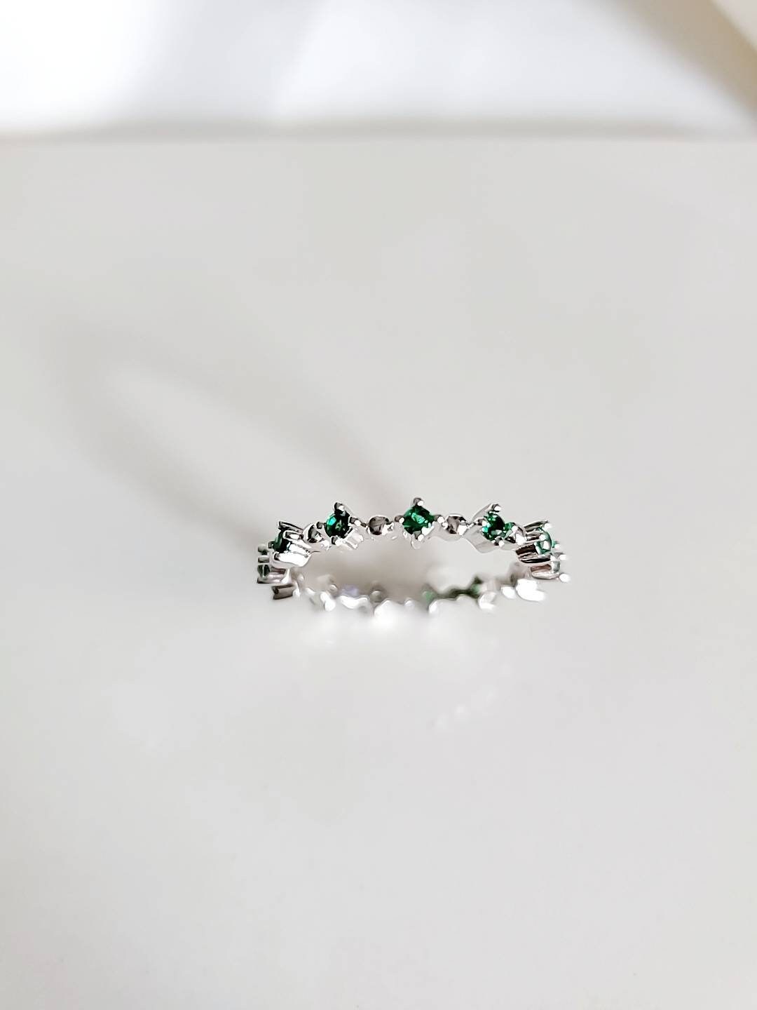 Emerald Ring, Sterling Silver Women Ring, Eternity Emerald Ring, May Birthstone, 925 Silver, Silver Band, non tarnish, Size 3 - 14-2