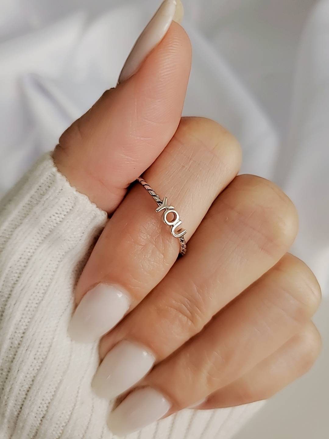 Sterling Silver You Ring, Thin Ring, Dainty Women's Ring, Promise Ring, Stack Ring, 925 Silver, Girl's Ring, YOU Lettering-1