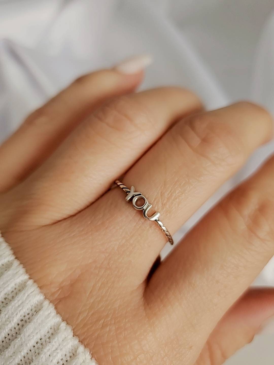 Sterling Silver You Ring, Thin Ring, Dainty Women's Ring, Promise Ring, Stack Ring, 925 Silver, Girl's Ring, YOU Lettering-0