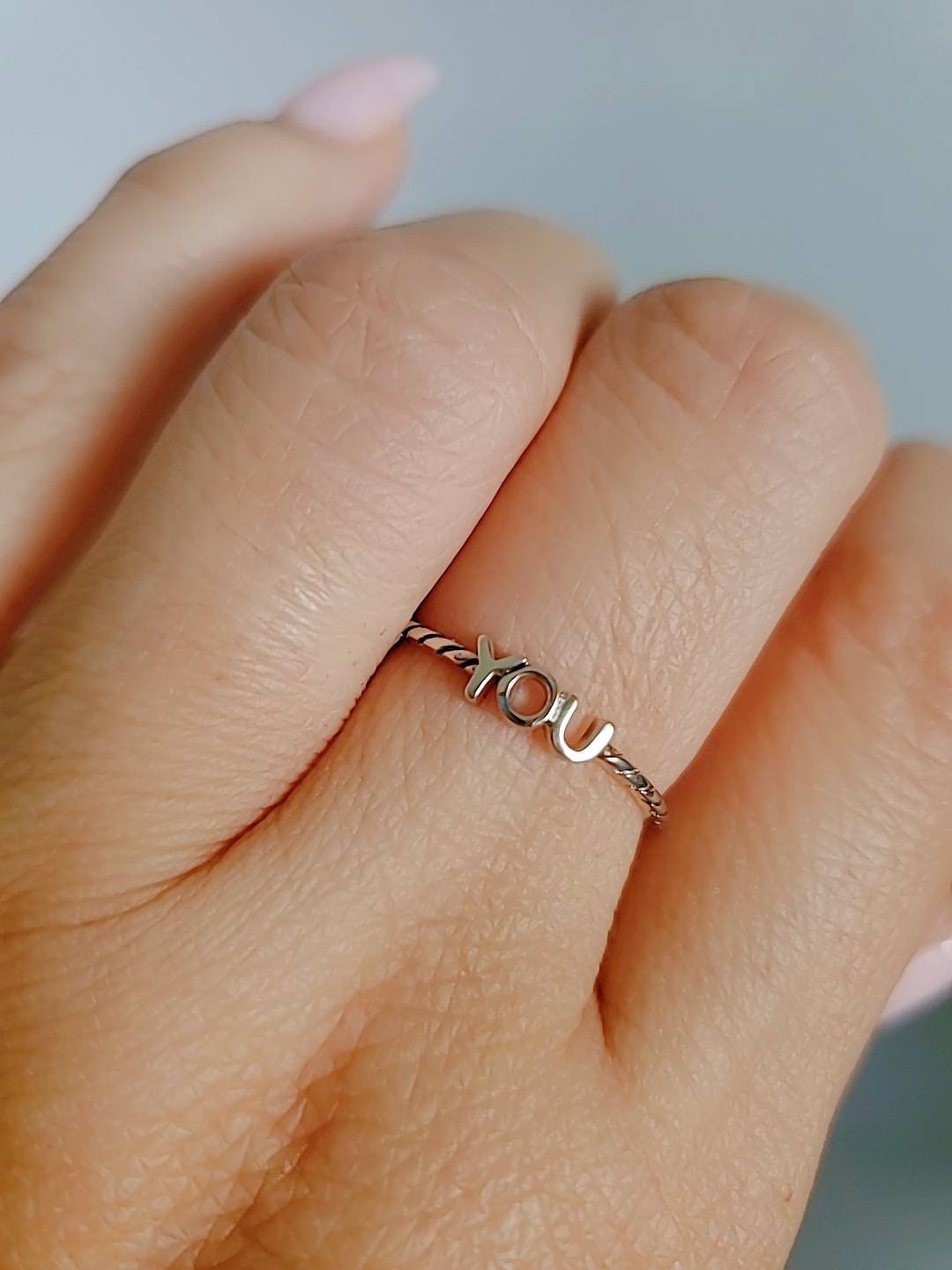 Sterling Silver You Ring, Thin Ring, Dainty Women's Ring, Promise Ring, Stack Ring, 925 Silver, Girl's Ring, YOU Lettering-4