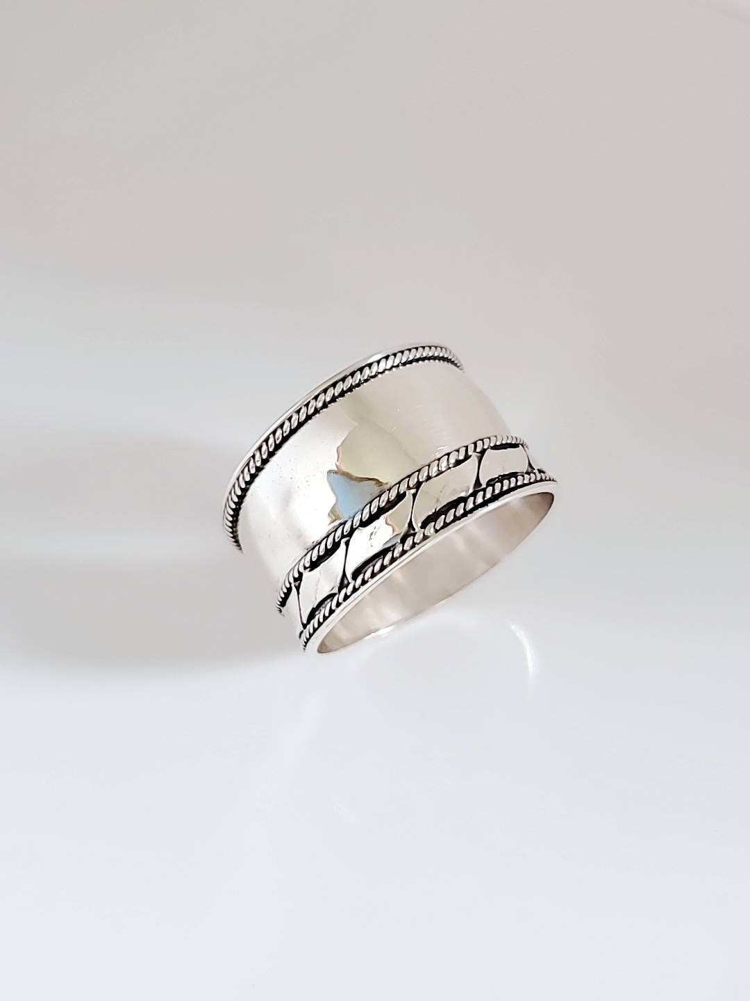 Wide Sterling Silver Band , 925 Silver Ring, Women's Statement Thumb Band, Bali Ring, Boho chic Ring, size-1