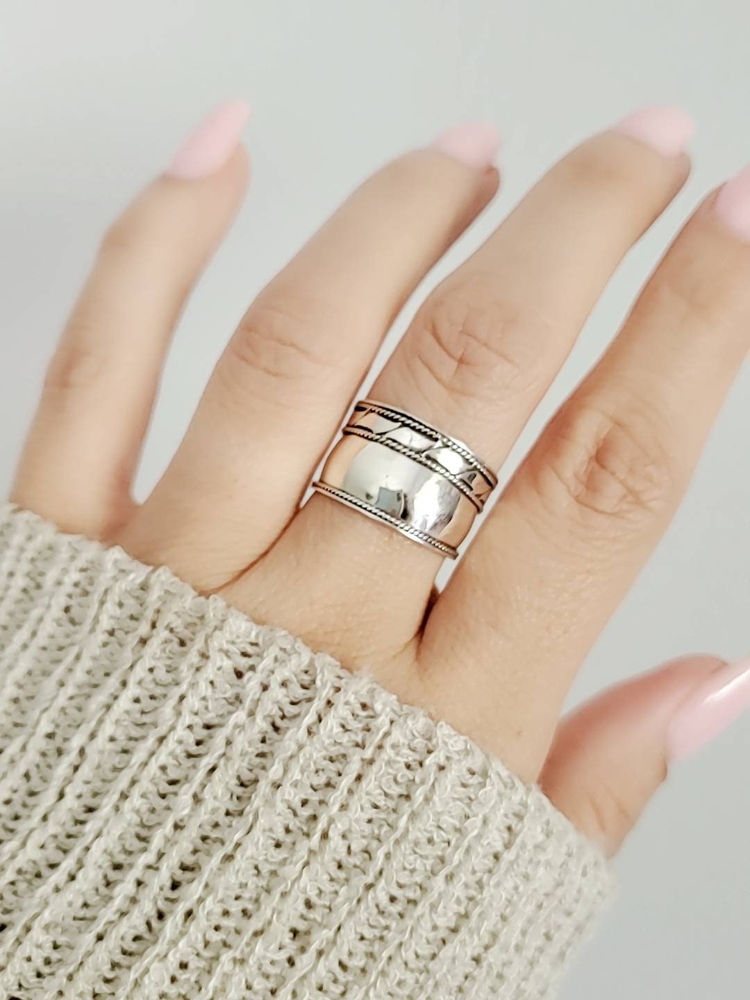 Wide Sterling Silver Band , 925 Silver Ring, Women's Statement Thumb Band, Bali Ring, Boho chic Ring, size-2