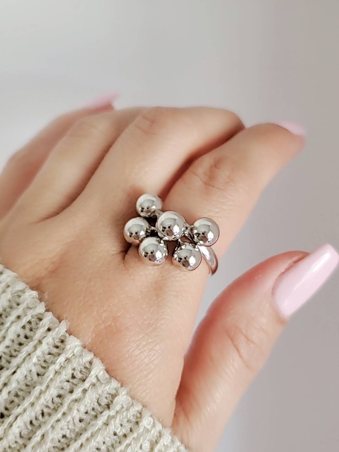 Dangling Beads Ring, Sterling Silver Ring, Ball Charm Ring, 925 Bead Women Statement Ring, Dangling Balls, Movement Ring-0