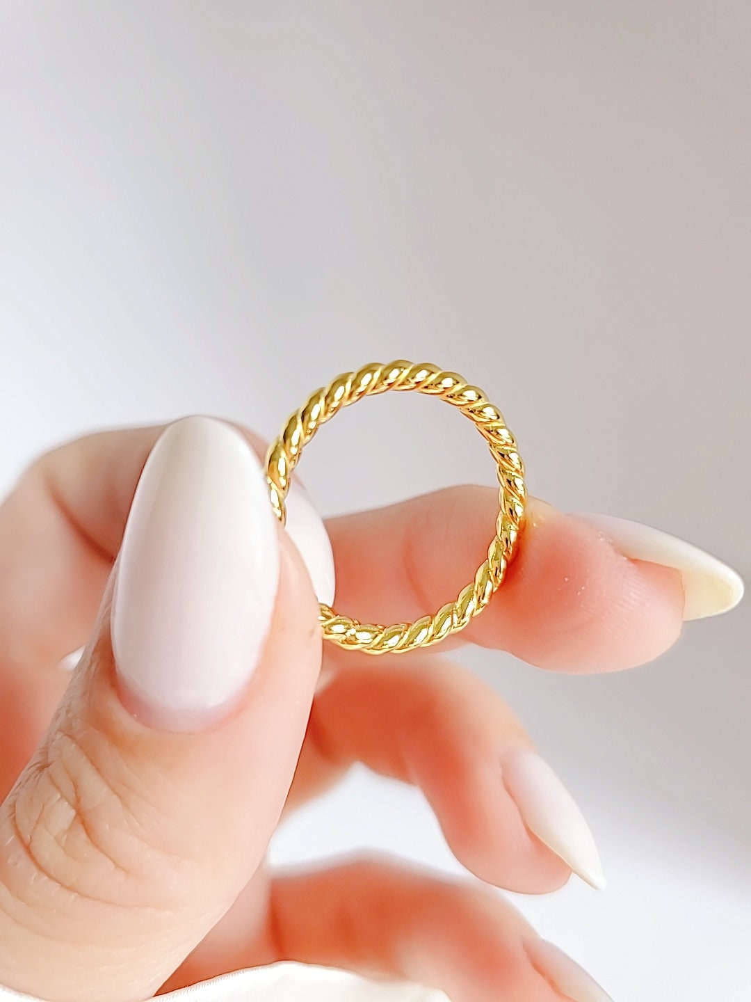 Women Gold Ring, Gold Plated Stackable Rope Ring, Twisted Gold Band, Simple Wedding Band, Thumb Ring, Stack Ring-3