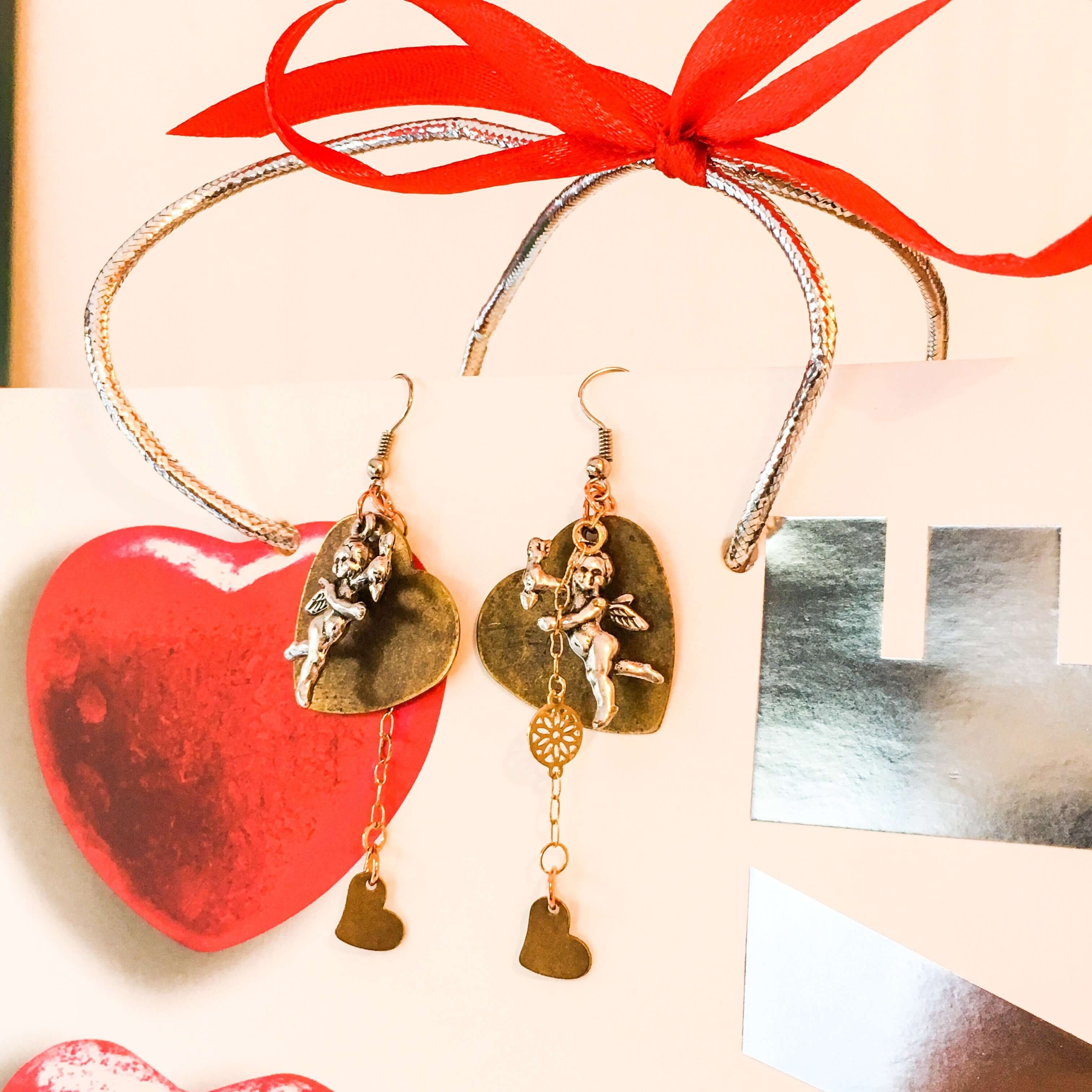 Antique Gold Heart and Cherub Charms Earrings. Cherub Earrings.