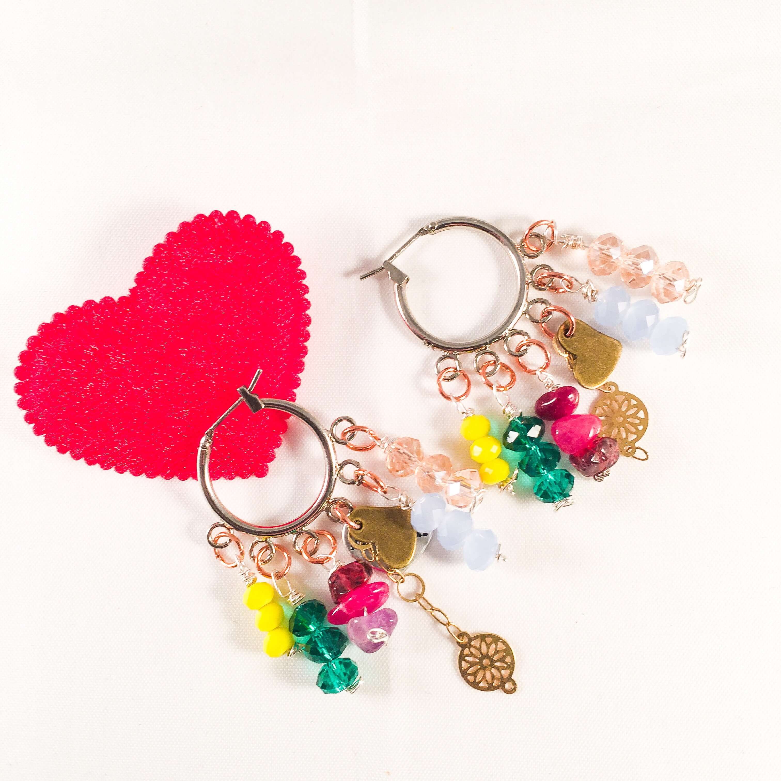 Colorful Beads and Stones Heart Charm Hoops Earrings