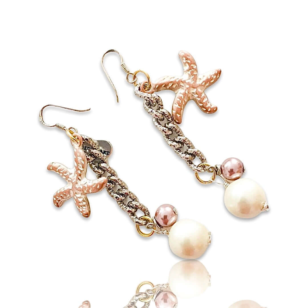 Statement Earrings with Starfish Charms and Pearls.